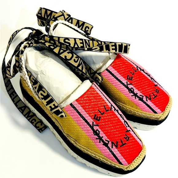 NWT Stella McCartney Gaia Rafia Espadrilles Stripes Red, Black and Pink 36. - Picture 2 of 10